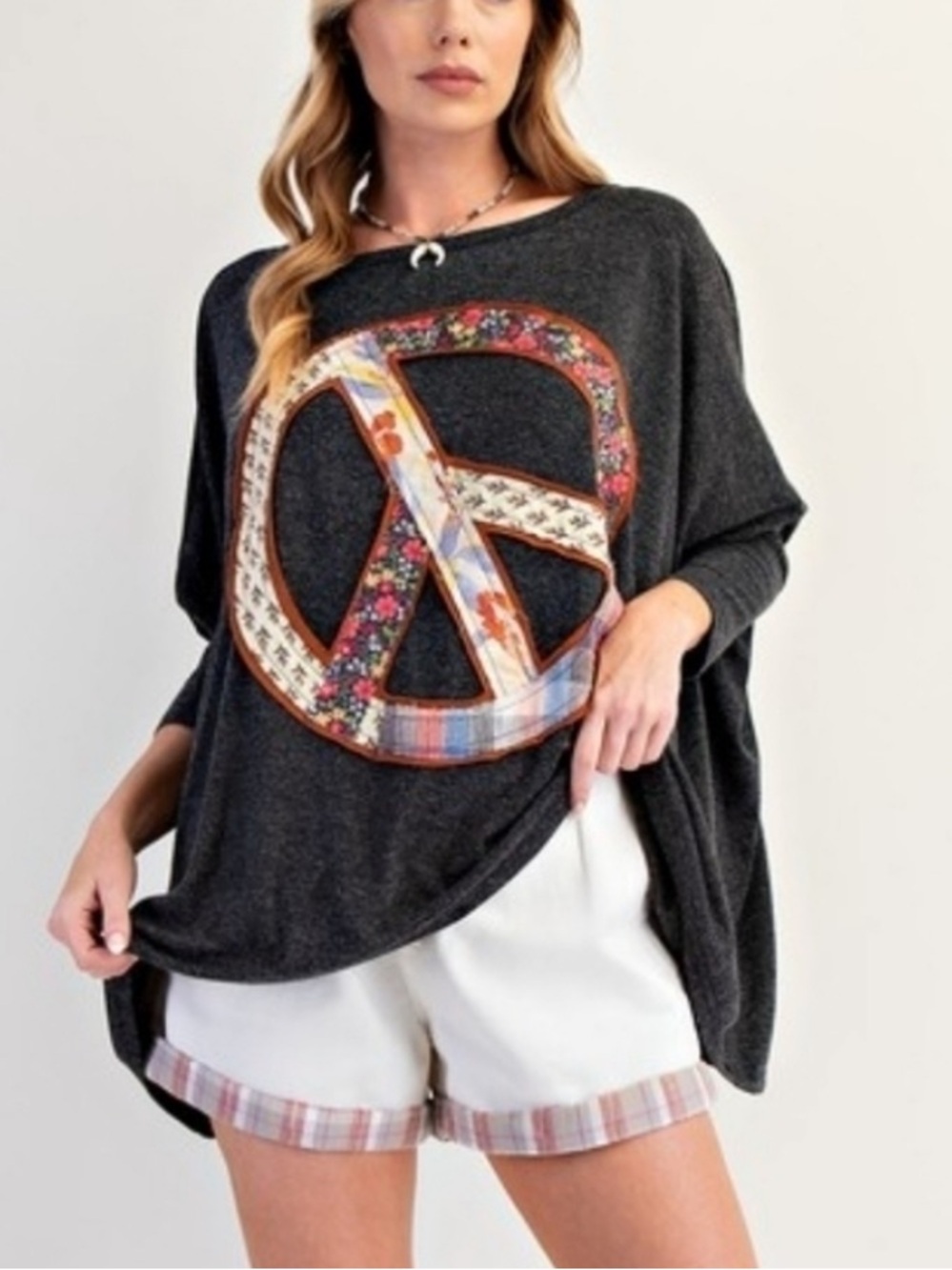 Easel Oversized Melange Dolman Sleeve Top Peace Sign Patch Dark Gray Size Large